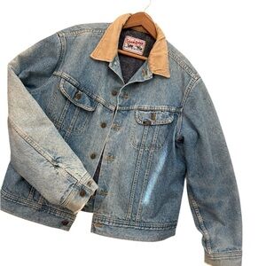 Lee Men's Storm Rider L GUC rare vintage  Denim Jacket with Tan Collar stain/rip